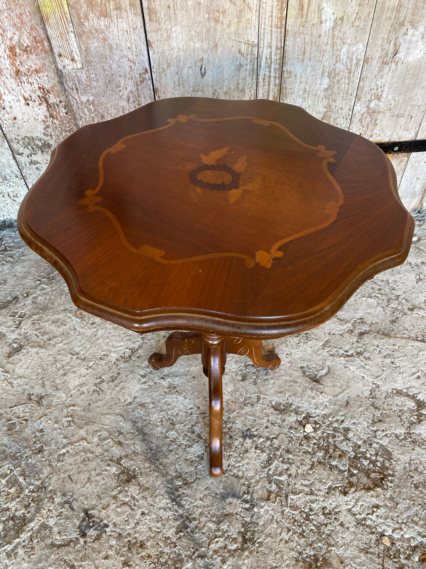 Guéridon Ancien Table Appoint Tripode Bois +  Plateau Marqueterie Vint