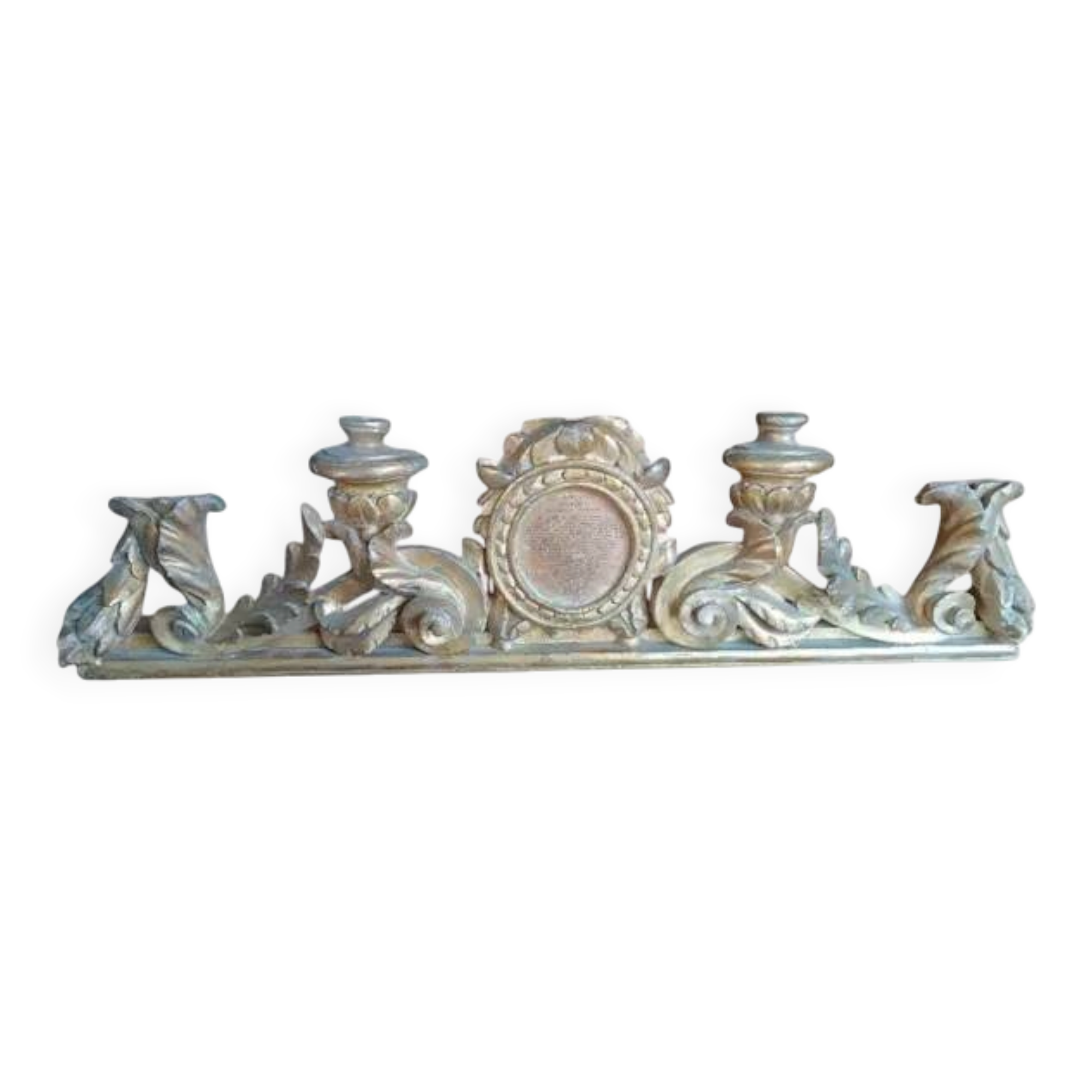 Ancient altar candlestick with cartagloria in gilded wood from the 18th century