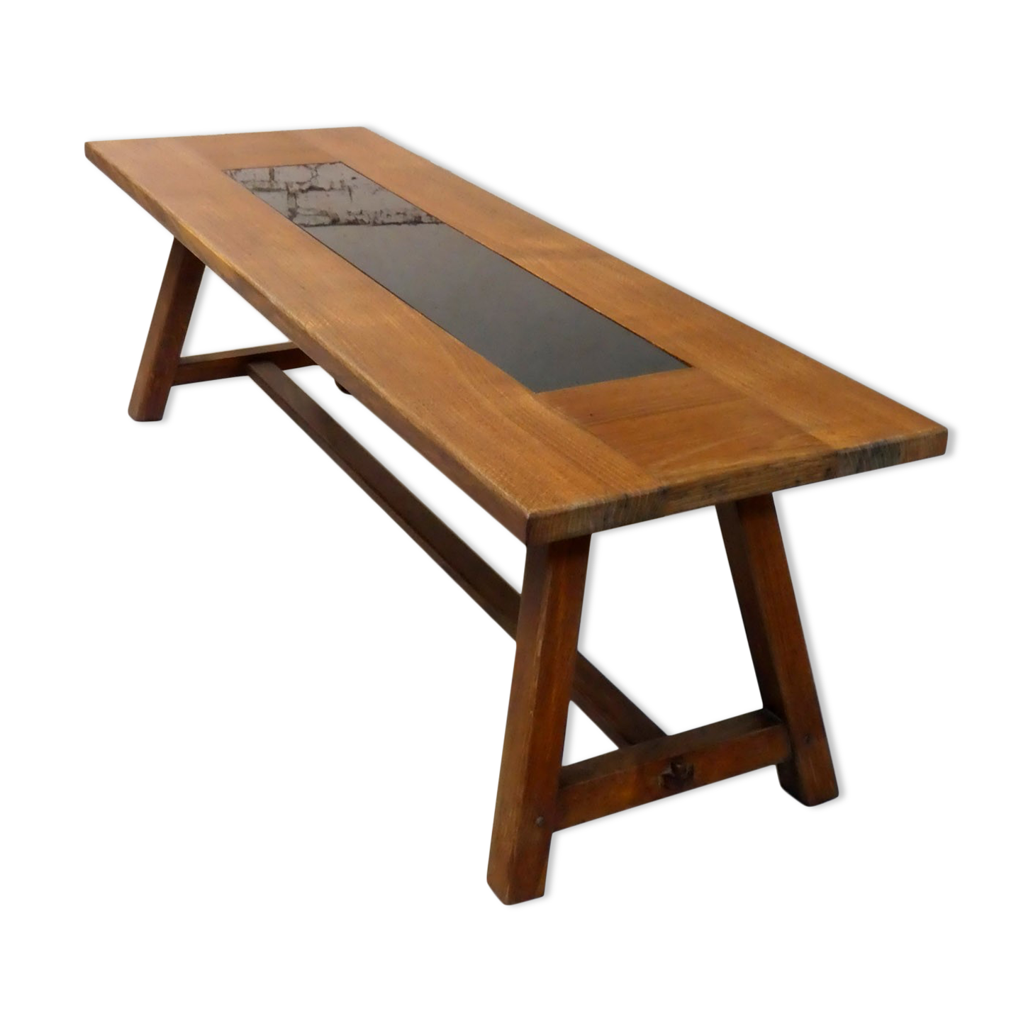 Table basse brutaliste en chêne et verre noir, 1960