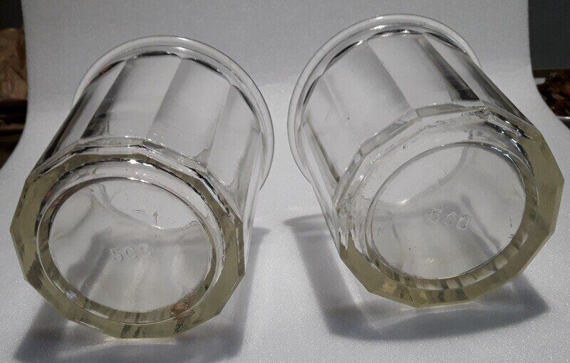2 antique glass jam jars 500g