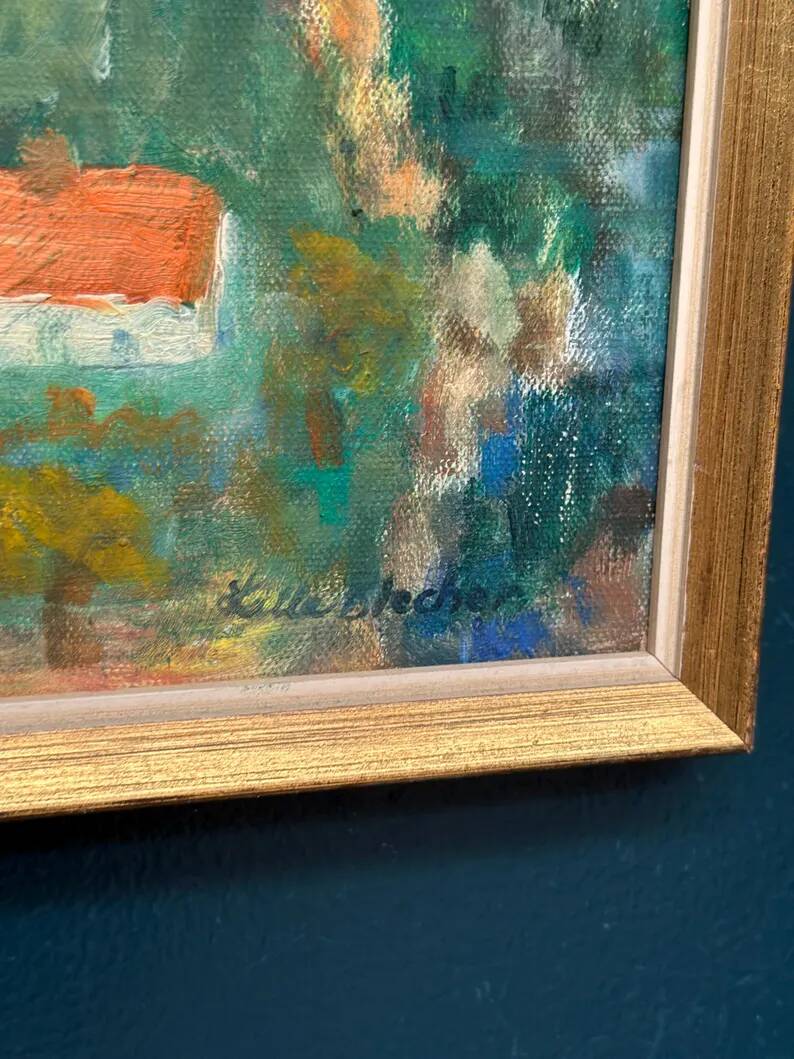 Original Swedish Oil on Canvas – “Hilly Landscape with Houses” by Lalla Blecher – Signed – Vintage & Framed