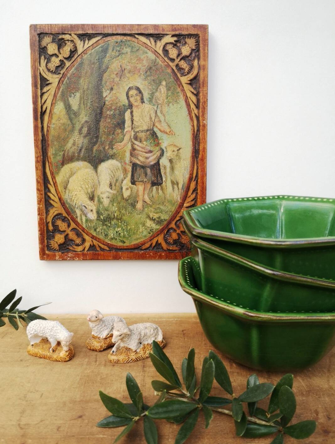 Old oil on wooden panel, carved contours