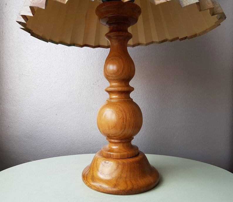 Vintage wooden lamp with pleated fabric lampshade 1980