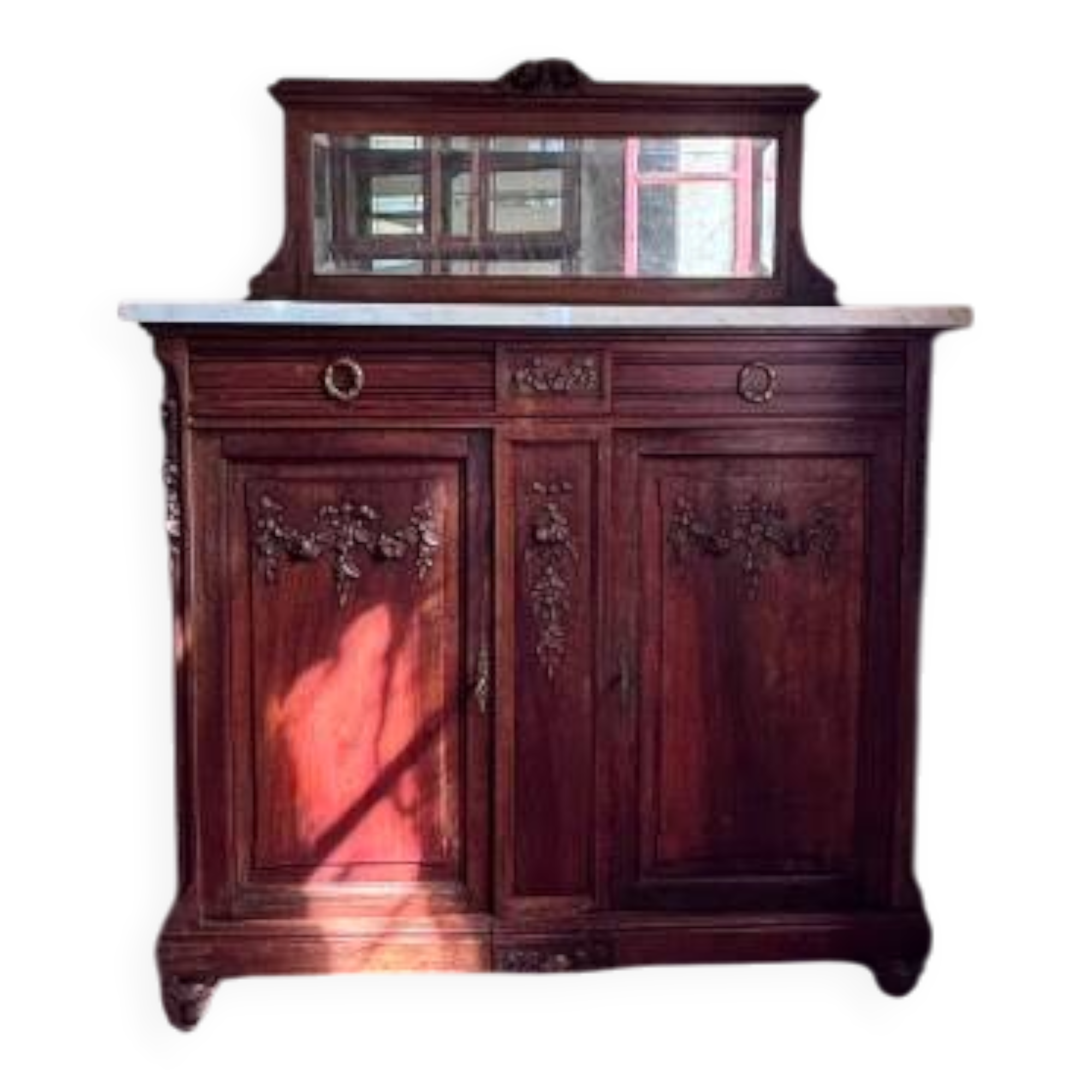 Buffet ancien style Henri II – Plateau en marbre et miroir