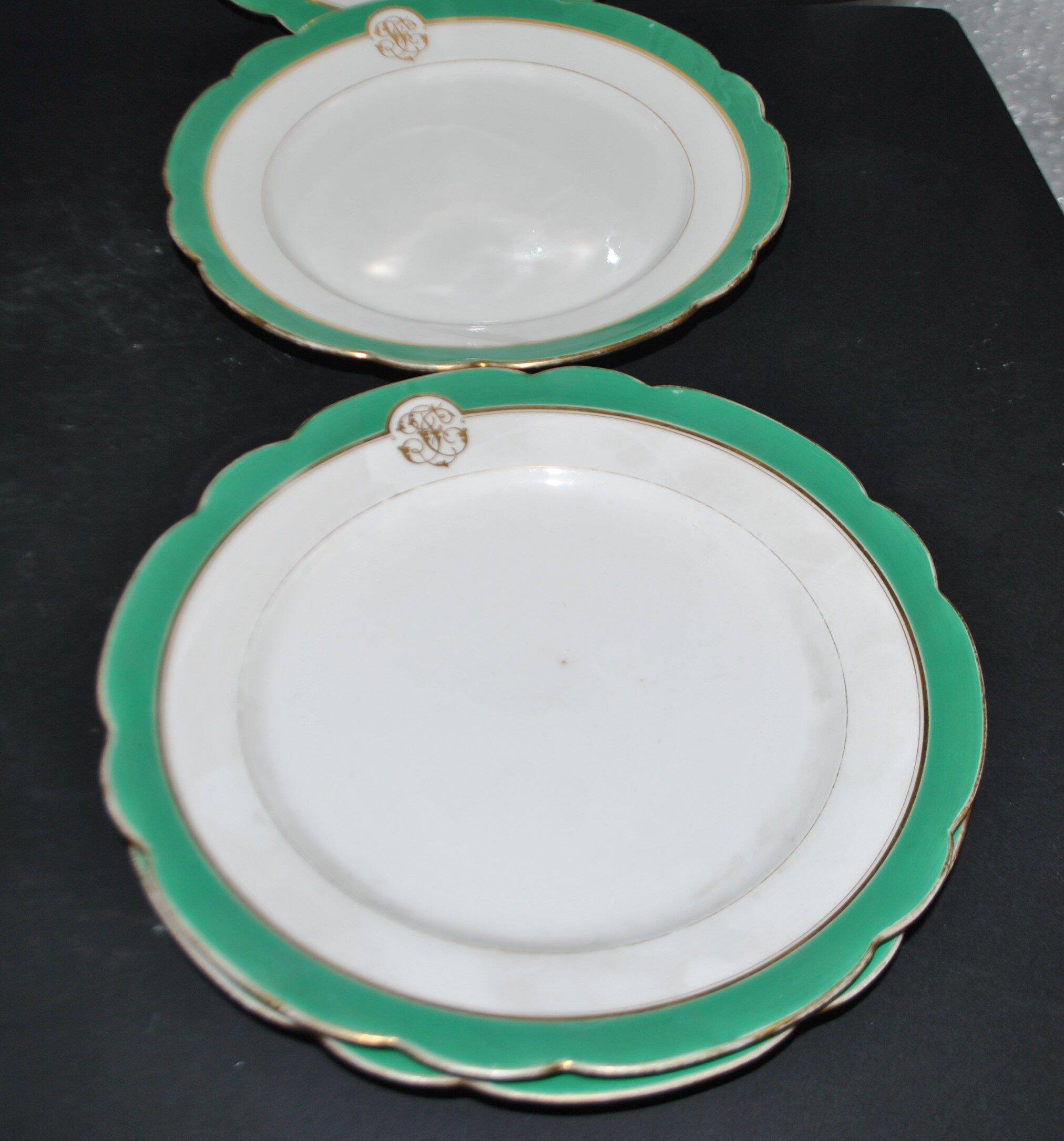 Paris porcelain set of 6 flat plates and 6 deep plates with JC gold monogram.