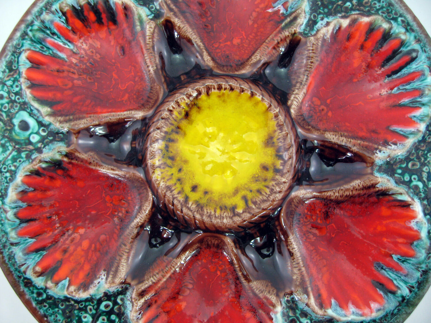 2 red/orange, yellow and green glazed ceramic oyster plates - Vallauris France - vintage