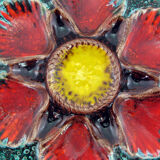 2 red/orange, yellow and green glazed ceramic oyster plates - Vallauris France - vintage