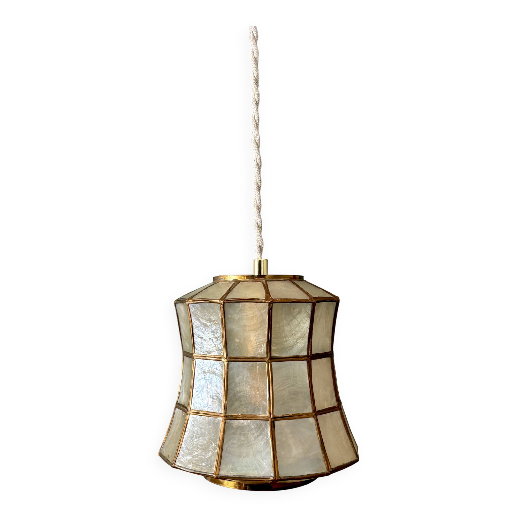 Vintage mother-of-pearl and brass lampshade pendant light
