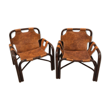 Paire de fauteuils Tito Agnoli en cuir et bambou, années 1970