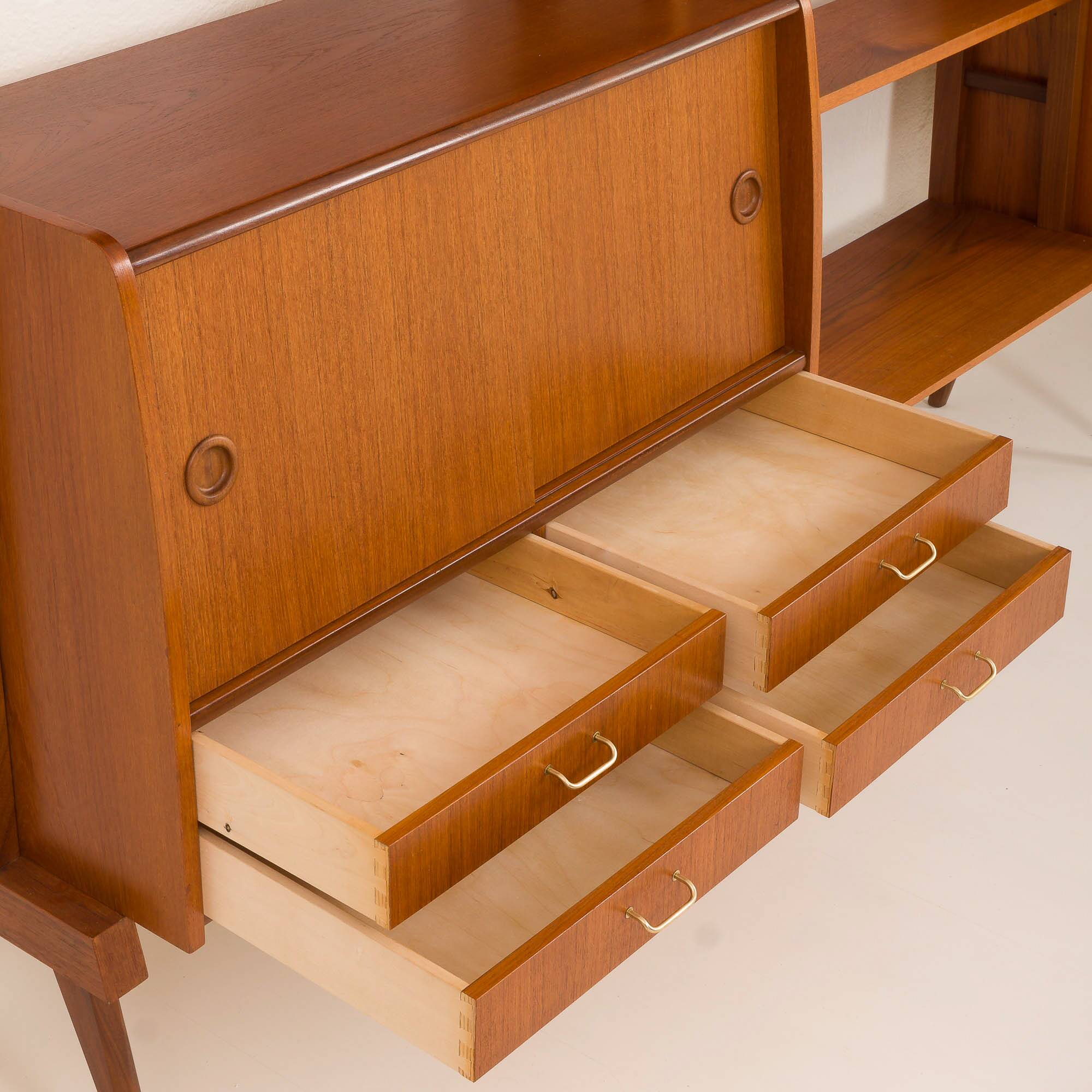 Scandinavian free-standing teak wall unit with 5 cabinets, Norway 1960s