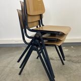 Lot de 3 chaises d’école Galvanitas s30 bois clair pieds compas bleus années 80 Pays-Bas