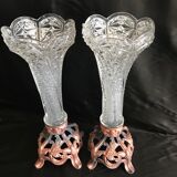 Pair of cone vases in pressed and molded glass, Zamac with 2 patinas