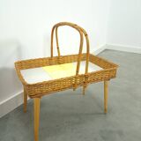 Rattan vintage tray on legs with yellow formica, fruit basket