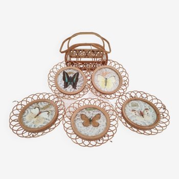 Set of 5 vintage rattan butterfly coasters with basket
