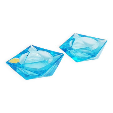 2 cendriers prismes en cristal de Bohème bleu tchécoslovaque