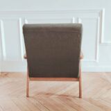 Renovated armchair, Scandinavian style in wood and green fabric.