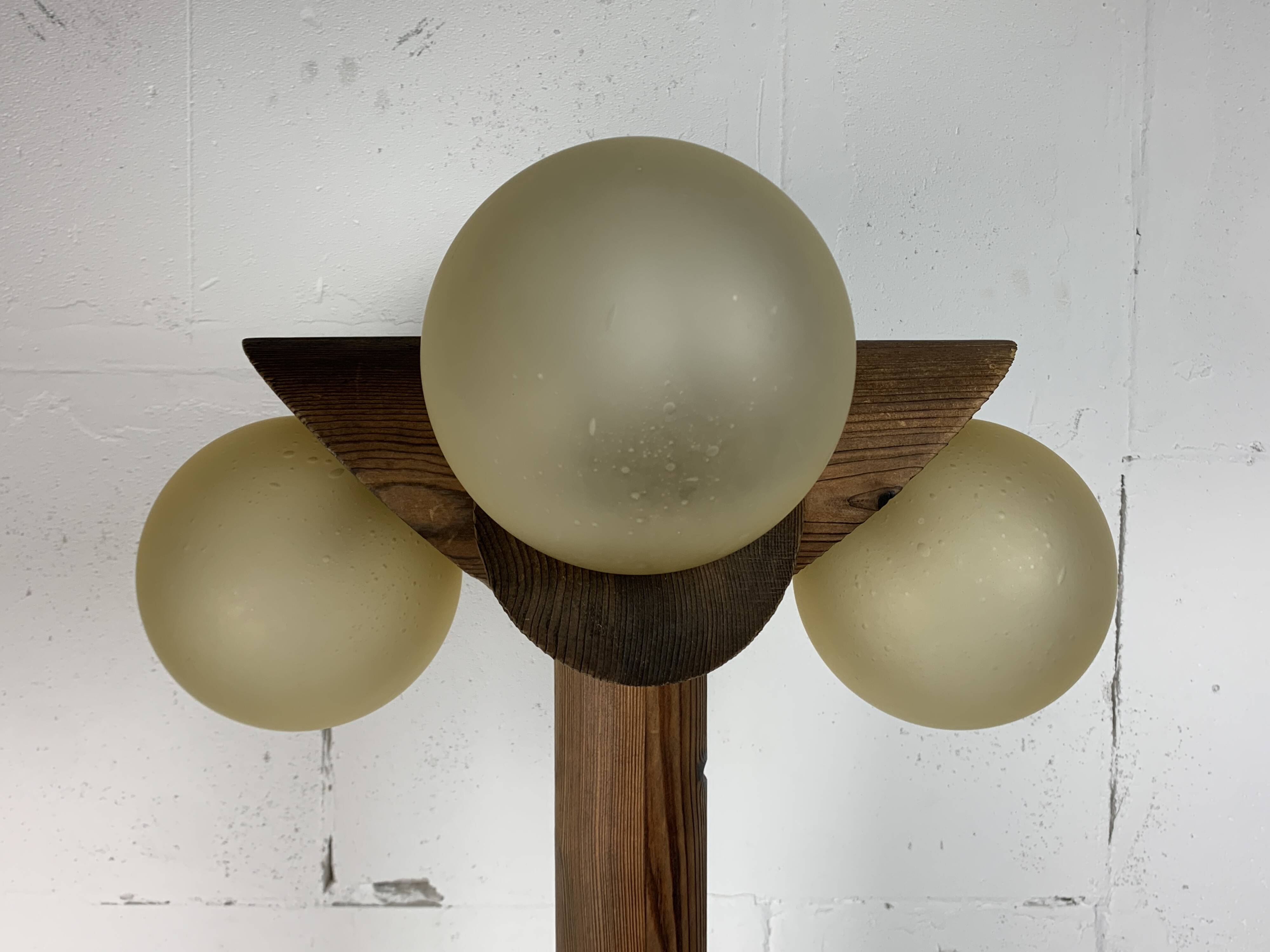 Midcentury brutalist oak floor lamp with 4 spheres, 1970s  by Temde Leuchten