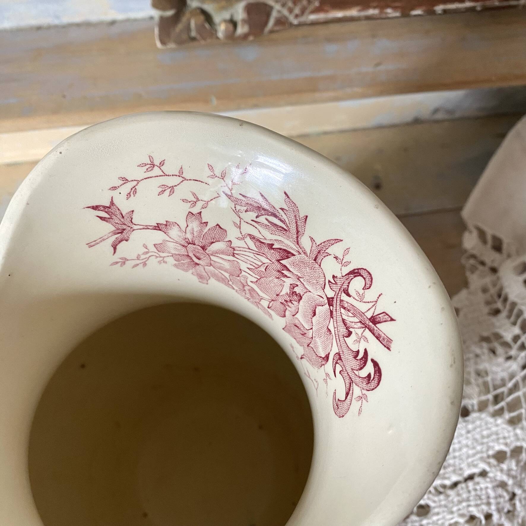 Large ironstone jug St Amand Anemone, antique pitcher