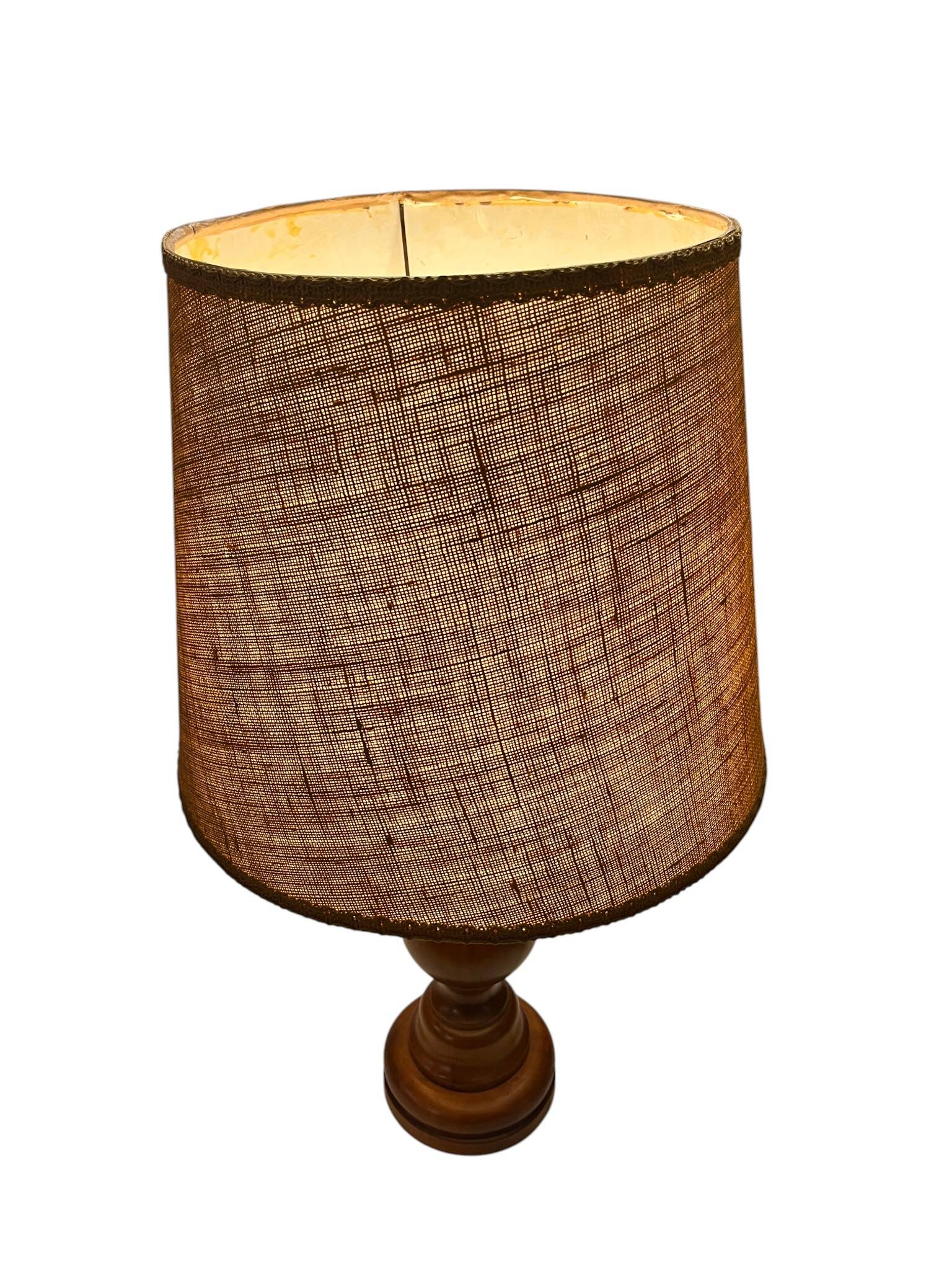 Vintage, large wooden base lamp with shade from around 1970.