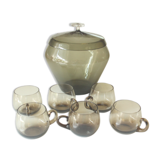 Smoked glass punch set - punch pot with 6 glasses - vintage from the 1970s