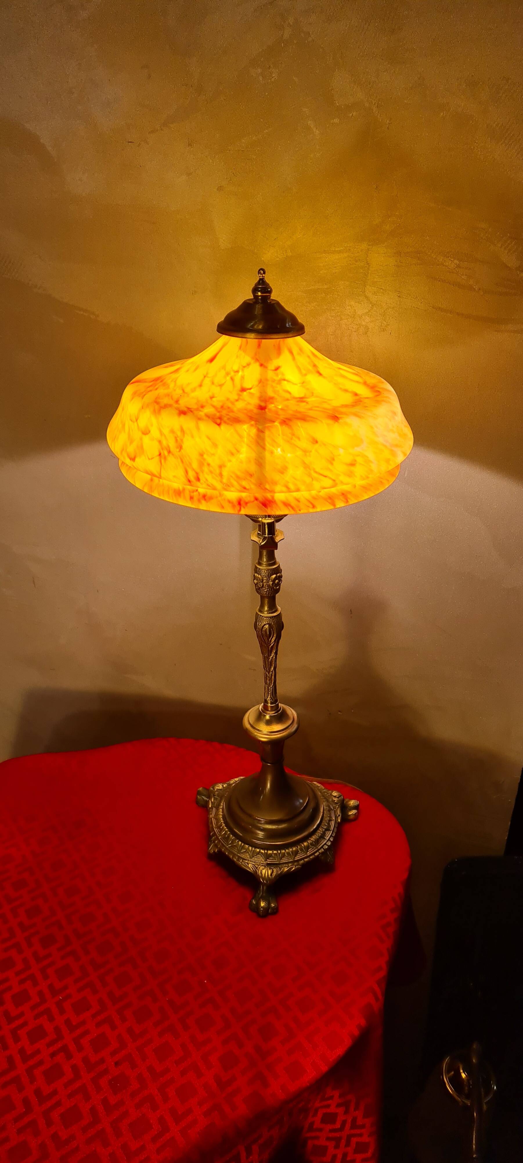 antique bronze lamp with yellow marbled glass paste shade 52x21