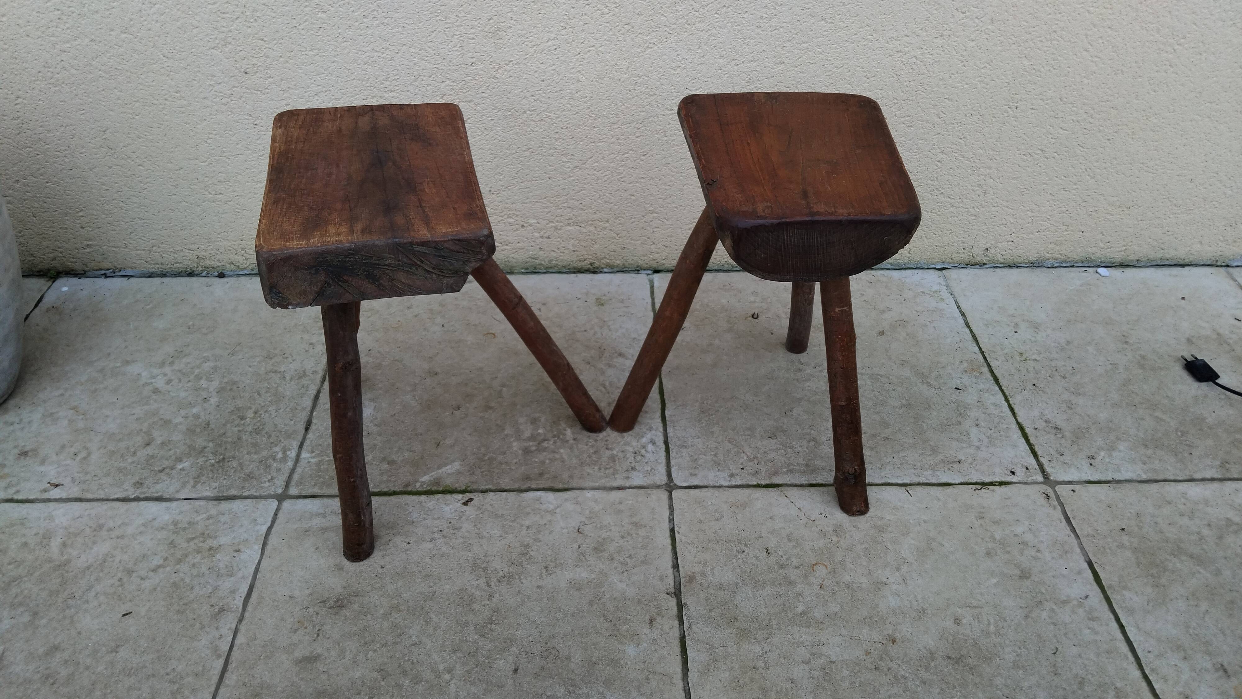 Pair of tripod stools, vintage brutalist style, solid wood