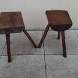 Pair of tripod stools, vintage brutalist style, solid wood