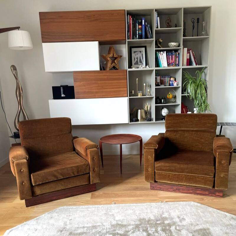 Paire de fauteuils vintage en velours et palissandre
