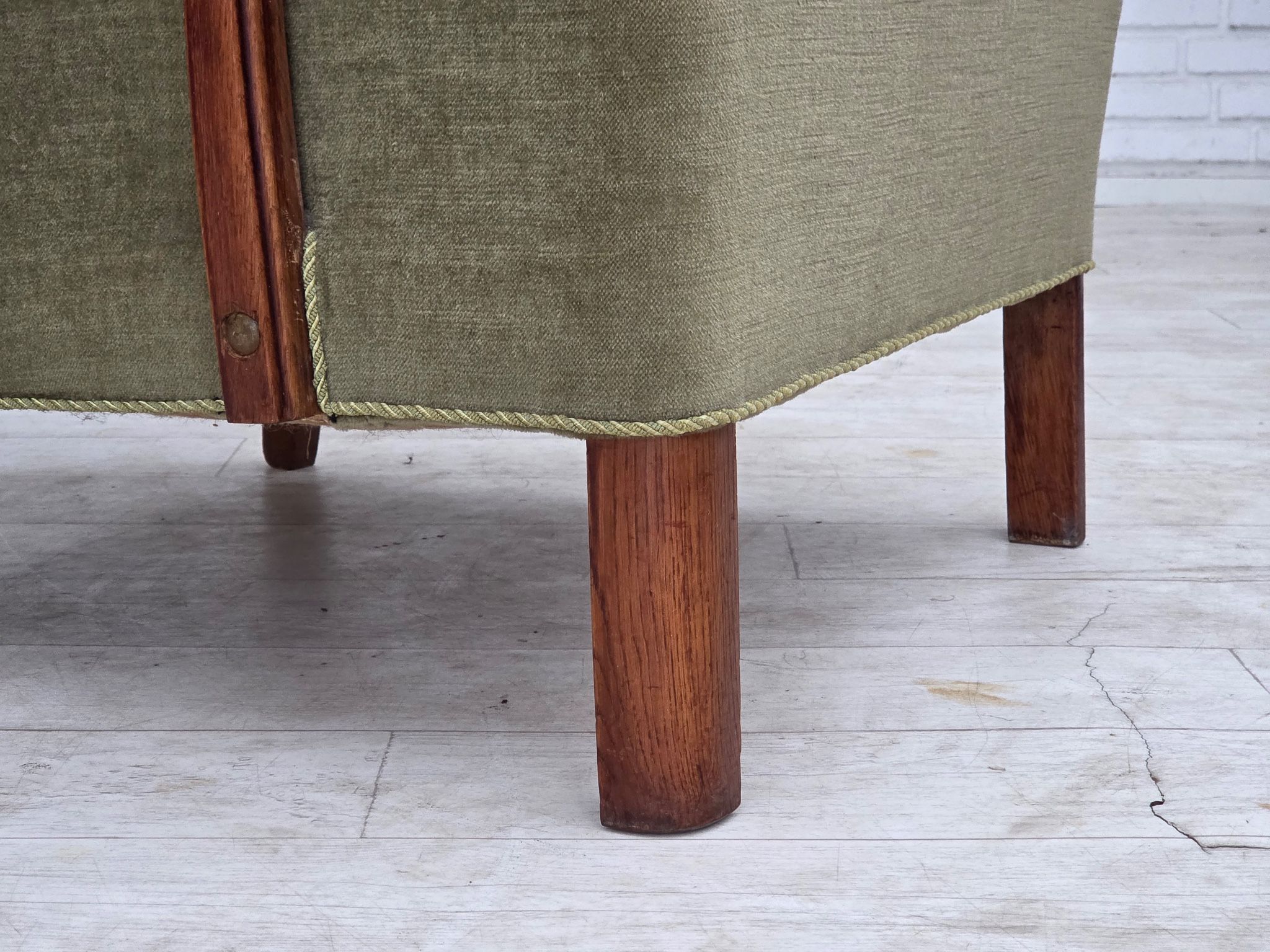 1960s, Danish highback armchair, furniture velour, oak wood.