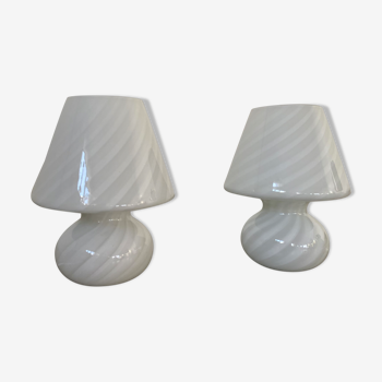 2 lampes champignon Mushroom années 70 en verre de murano design Paolo Venini