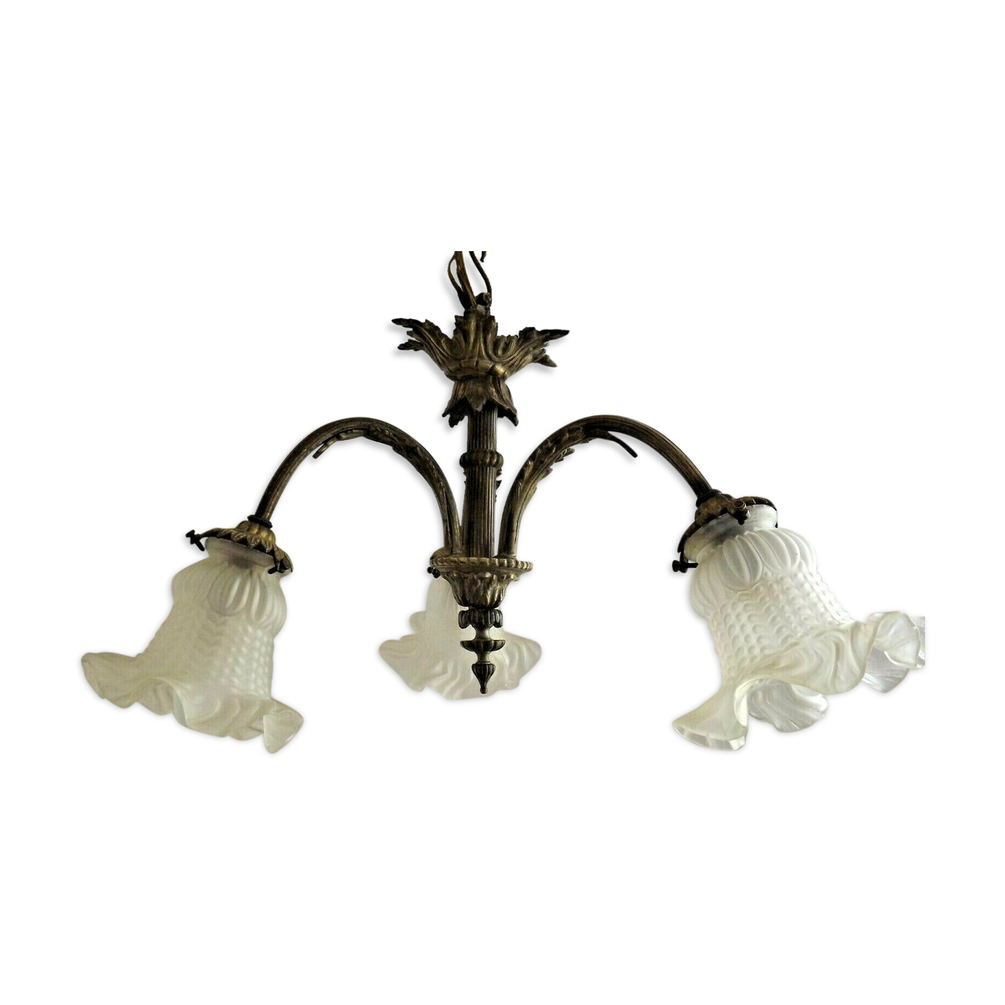 French antique bronze 3 light semi flush chandelier opaque patterned shades