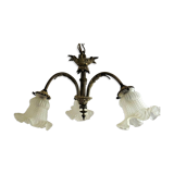 French antique bronze 3 light semi flush chandelier opaque patterned shades