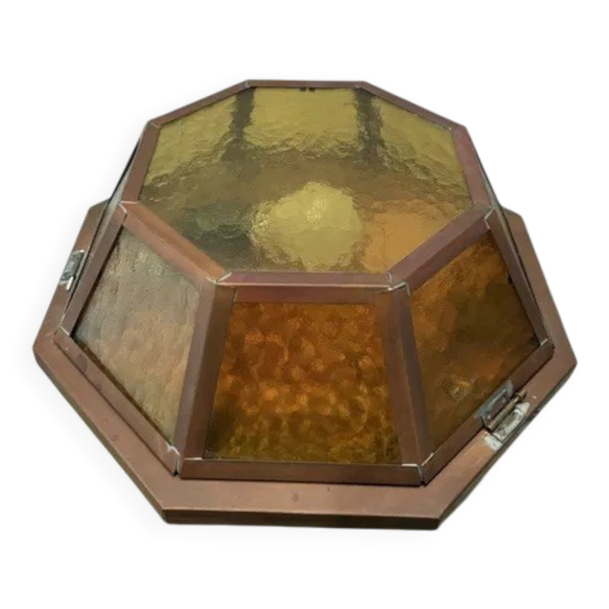 Vintage Octagonal Copper Amber Glass Flush Ceiling Lamp 1960s-70s