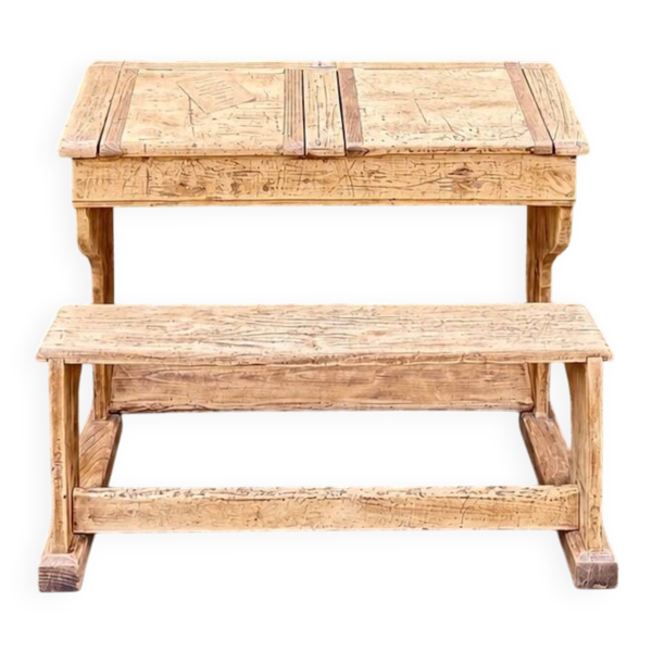 Bureau écolier double ancien avec banc - chêne restauré