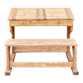 Bureau écolier double ancien avec banc - chêne restauré