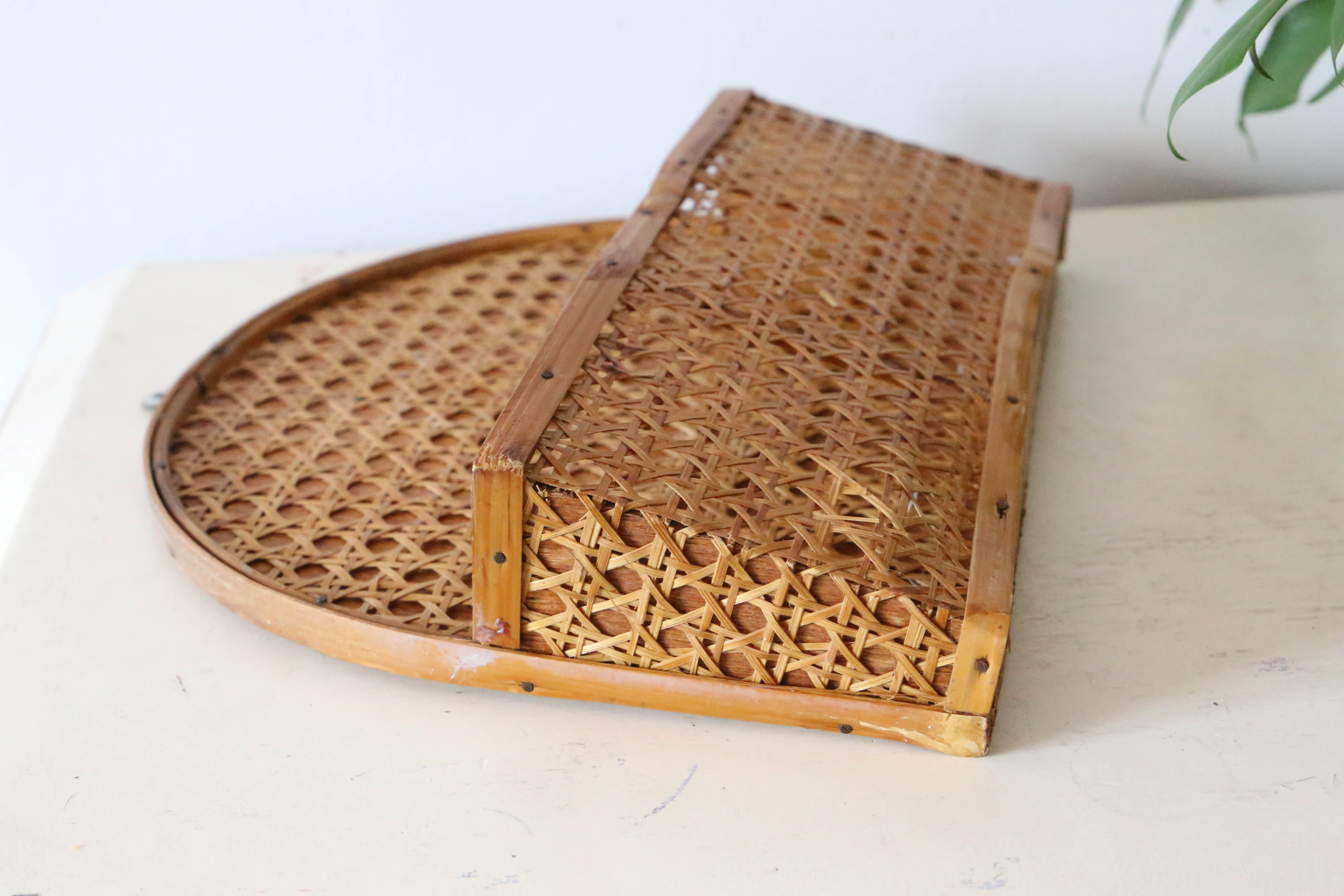 Mail holder, empty wall pocket, wicker and cannage, vintage