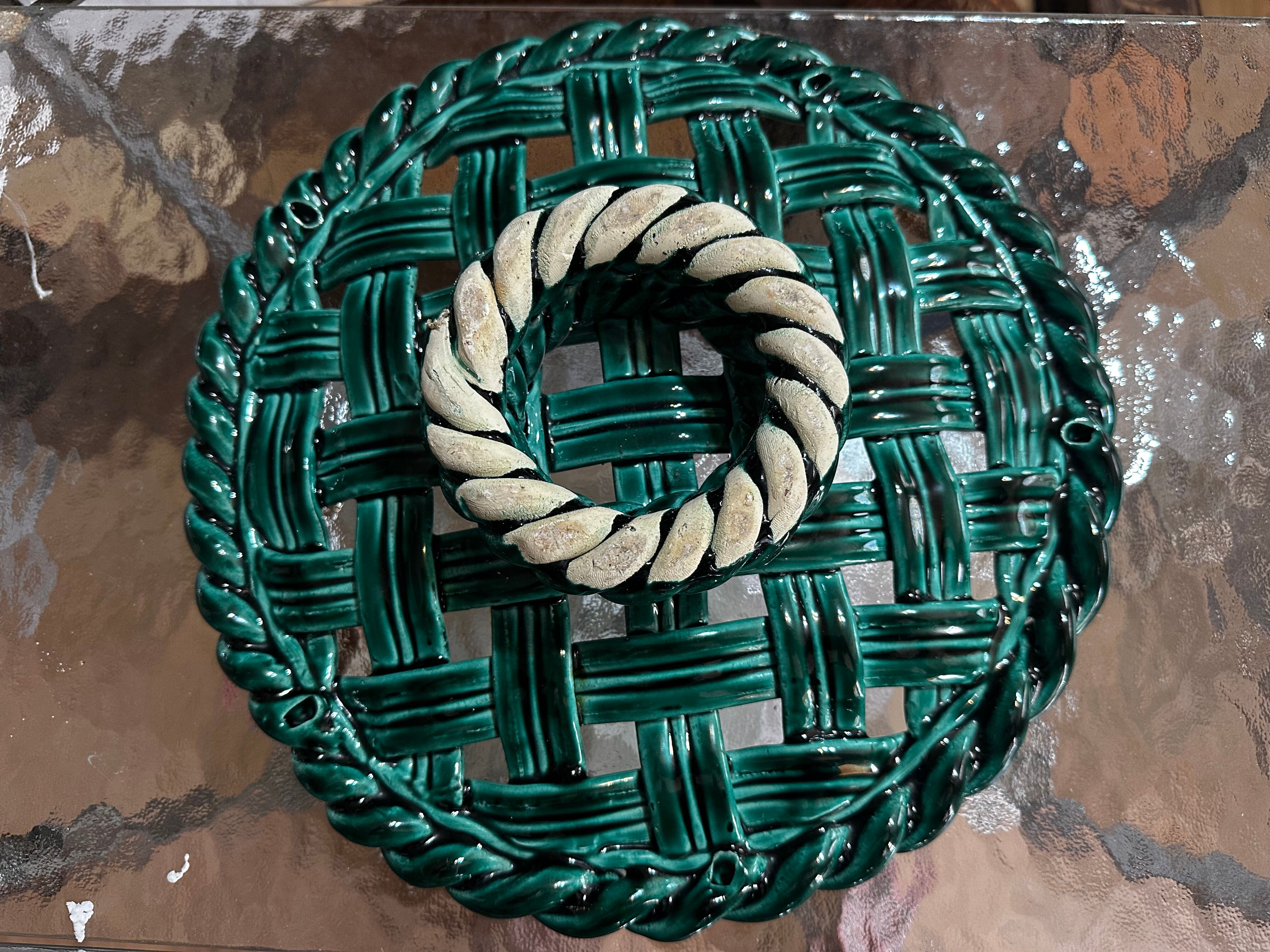 Large woven green ceramic bowl from the 1950s in Massier style - D 30