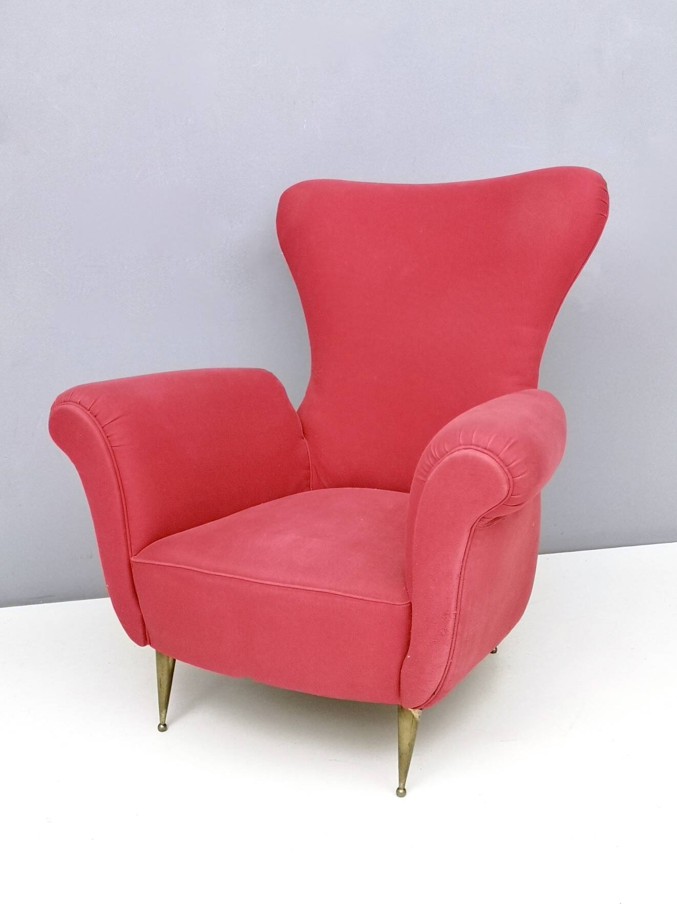 Wingback Red Cotton Armchair with Brass Feet, Italy