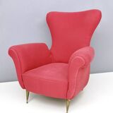 Wingback Red Cotton Armchair with Brass Feet, Italy