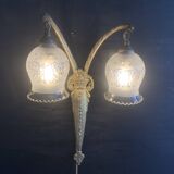 Art Deco double wall light in brass and glass tulips 1930