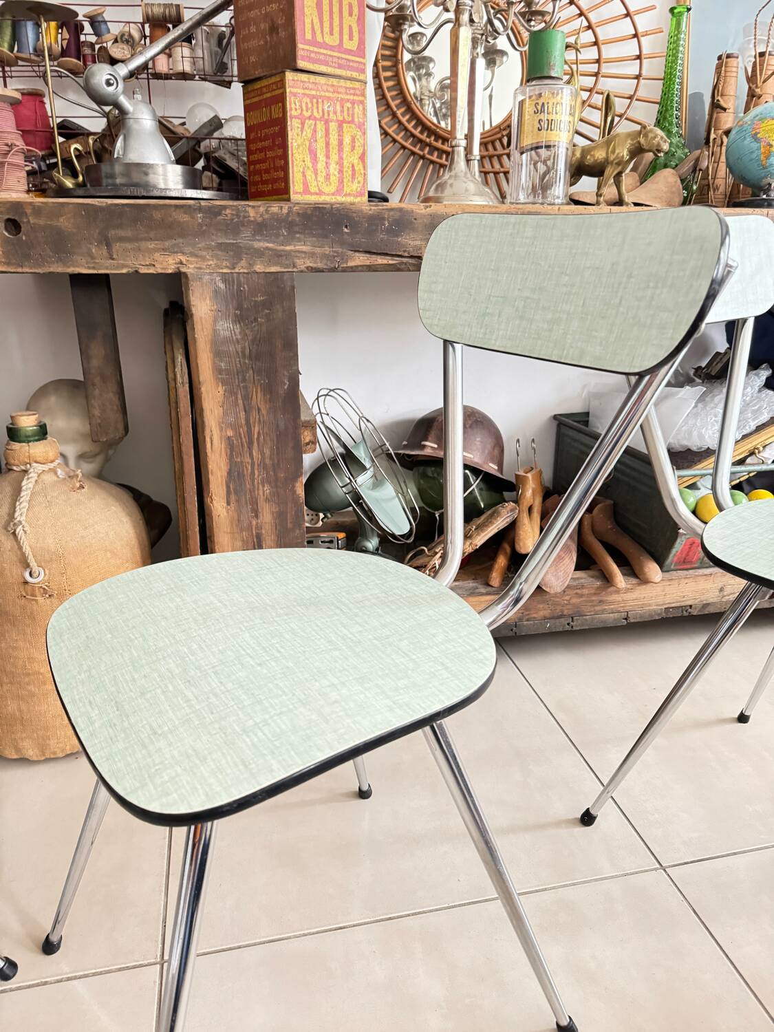 Set of 3 green Formica chairs