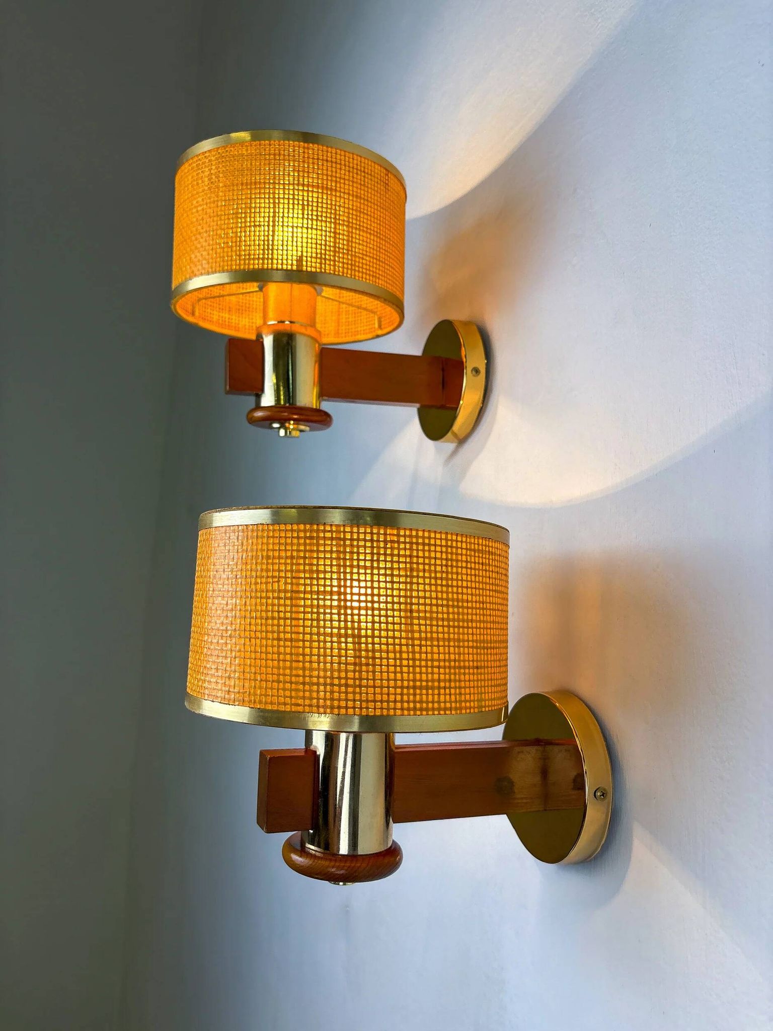 Pair of vintage rattan & wood wall sconces, Italy, circa 1970s
