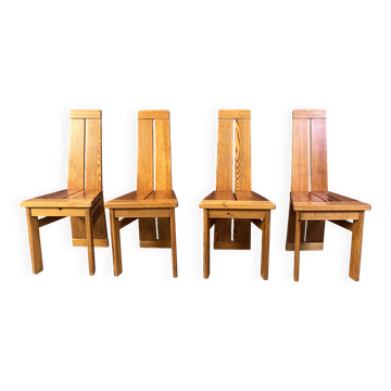 Ensemble de 4 chaises de salle à manger brutalistes en chêne, années 1970