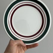 Vintage Dessert Plate Duo with Green and Burgundy Red Border