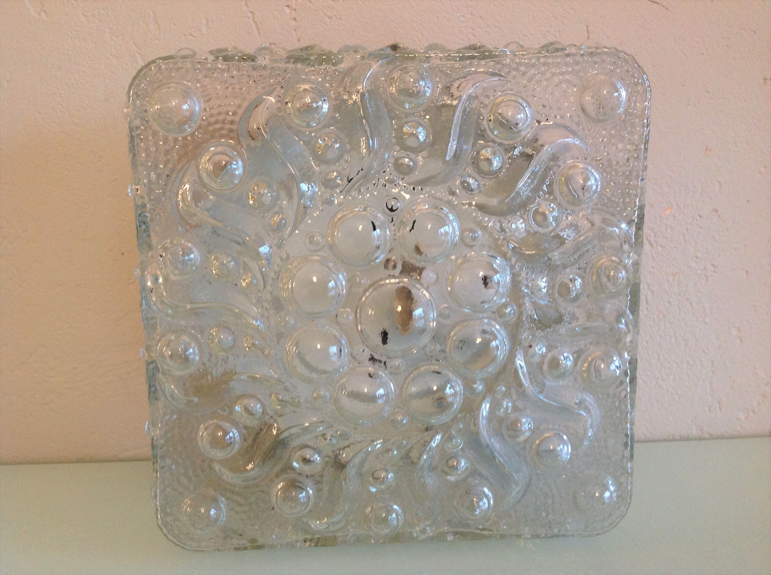 Square ceiling lamp in bubbled glass 60/70s