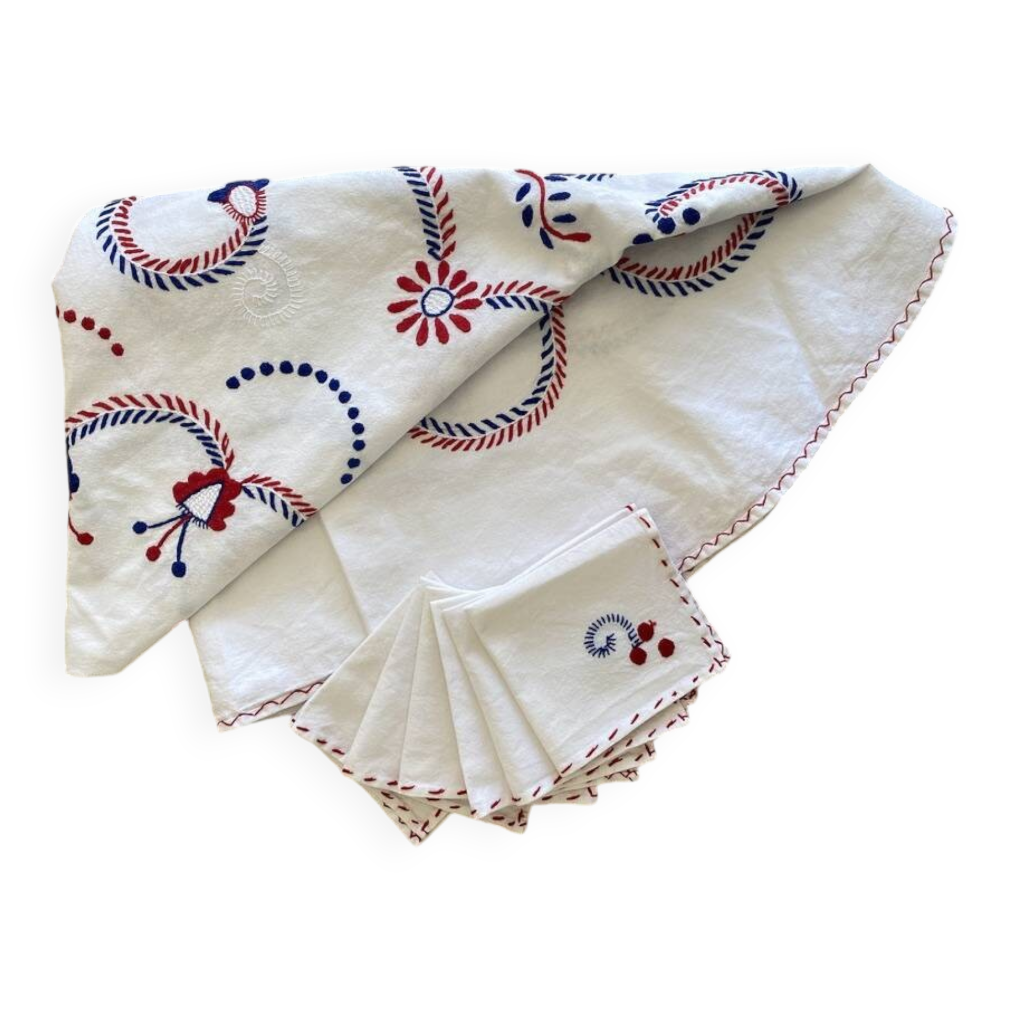 Hand embroidered round tablecloth and its 6 napkins - arabesque decoration - Cotton - diam. 130 cm