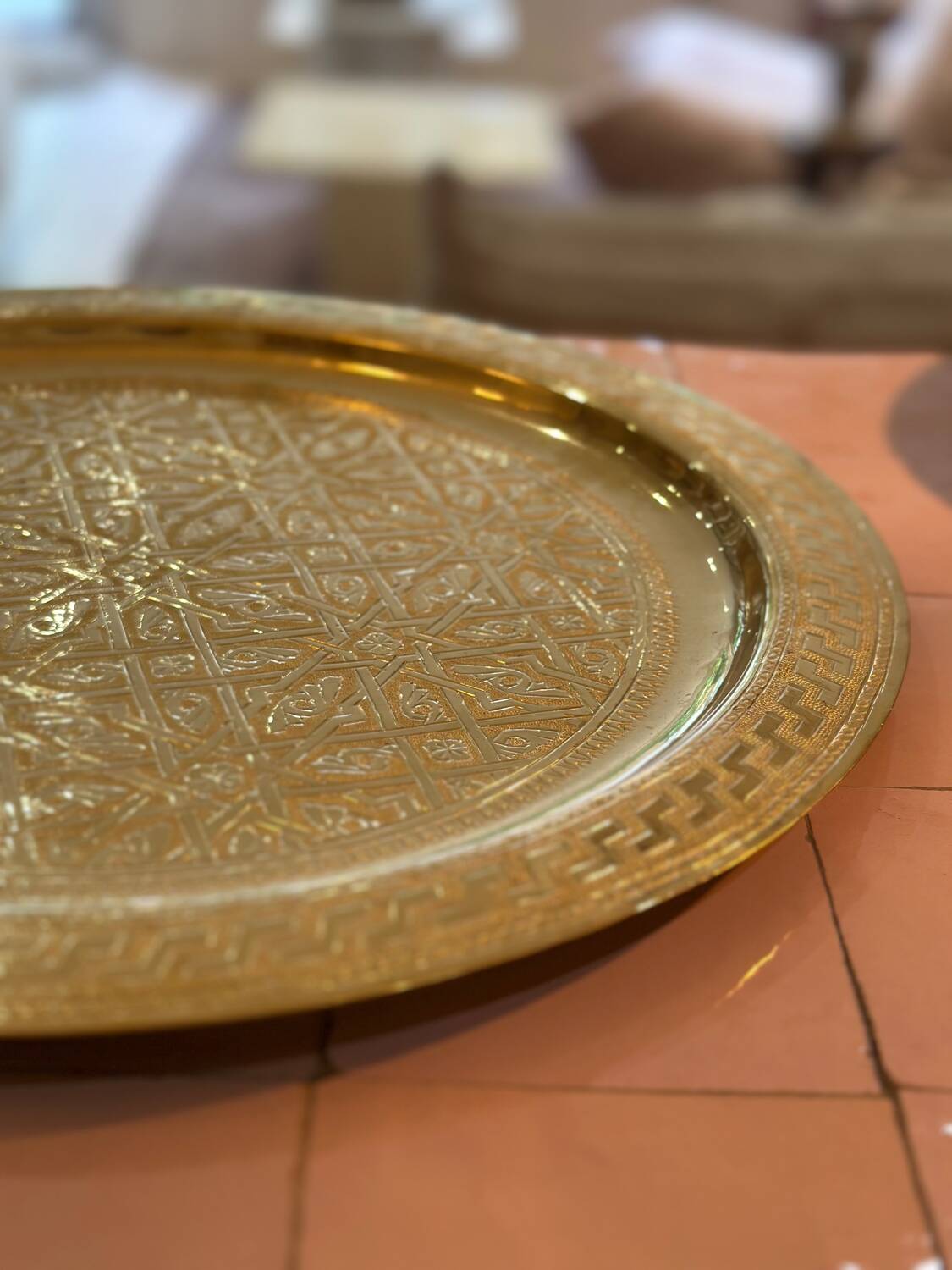 Moroccan tea tray gilded brass engraved oriental 40 cm
