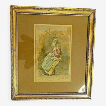 Aquarelle "jeune femme" par Franz Ettore Roesler, Italie XIXème
