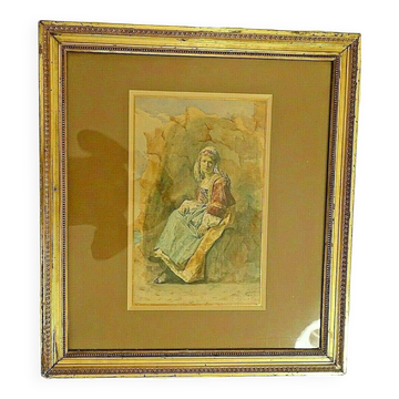 Aquarelle "jeune femme" par Franz Ettore Roesler, Italie XIXème