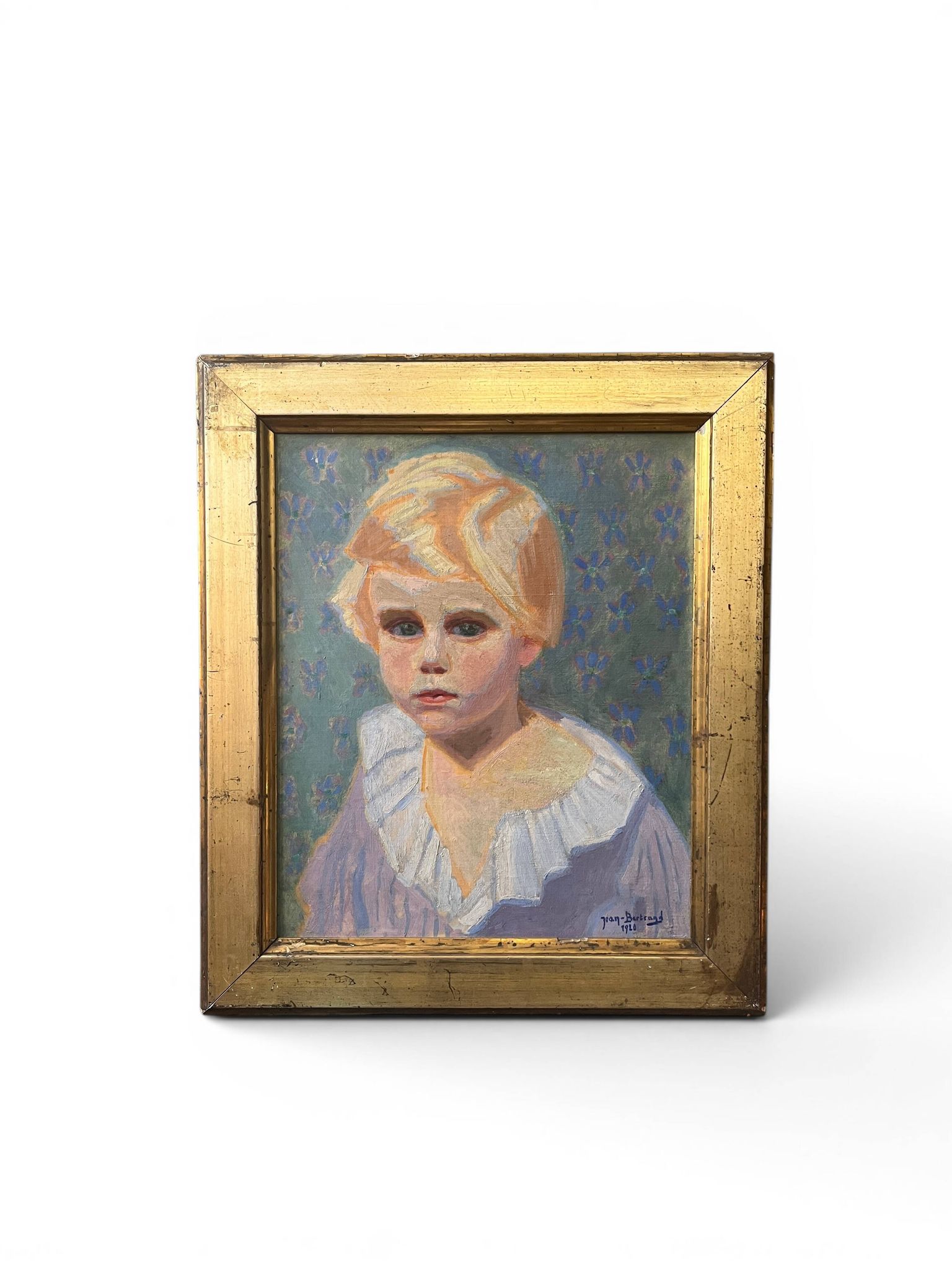 Oil on canvas, portrait of a child signed J. Bertrand early 20th century.
